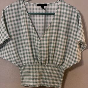 Forever 21 Sage Green and White Gingham V-Neck Smocked Waist Top